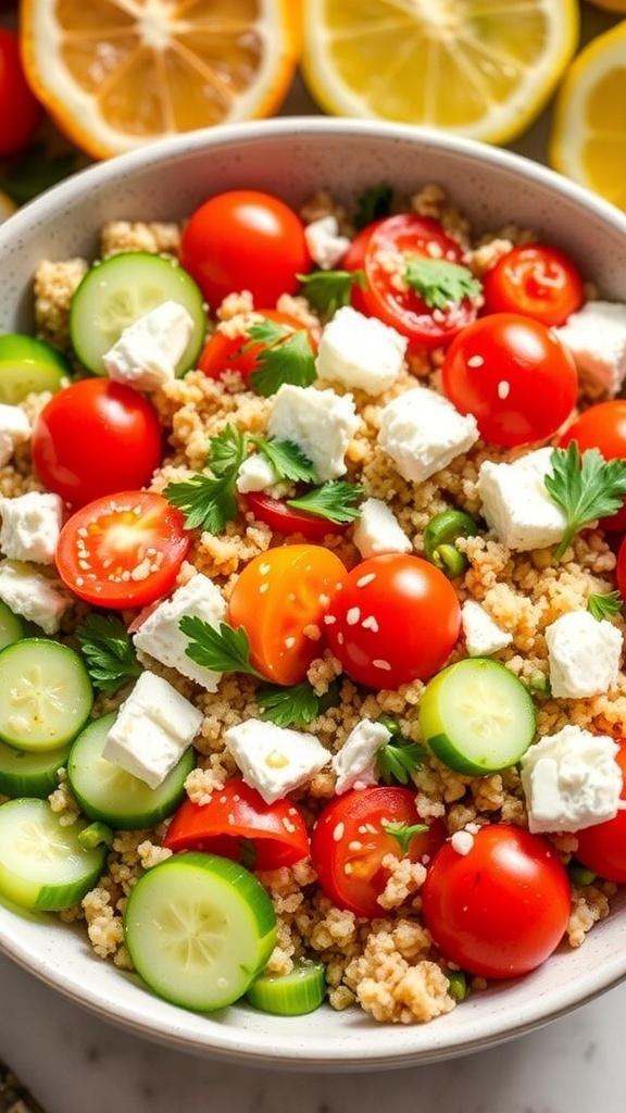 Refreshing Summer Greek Quinoa Salad A refreshing Greek quinoa salad with tomatoes, cucumbers, olives, and feta cheese in a bowl.